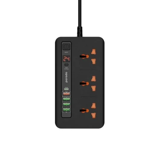 Bordeaux Super Multiport Hub, 6 AC Outlets, USB Type-A, 3m Cable, 3000W, Black